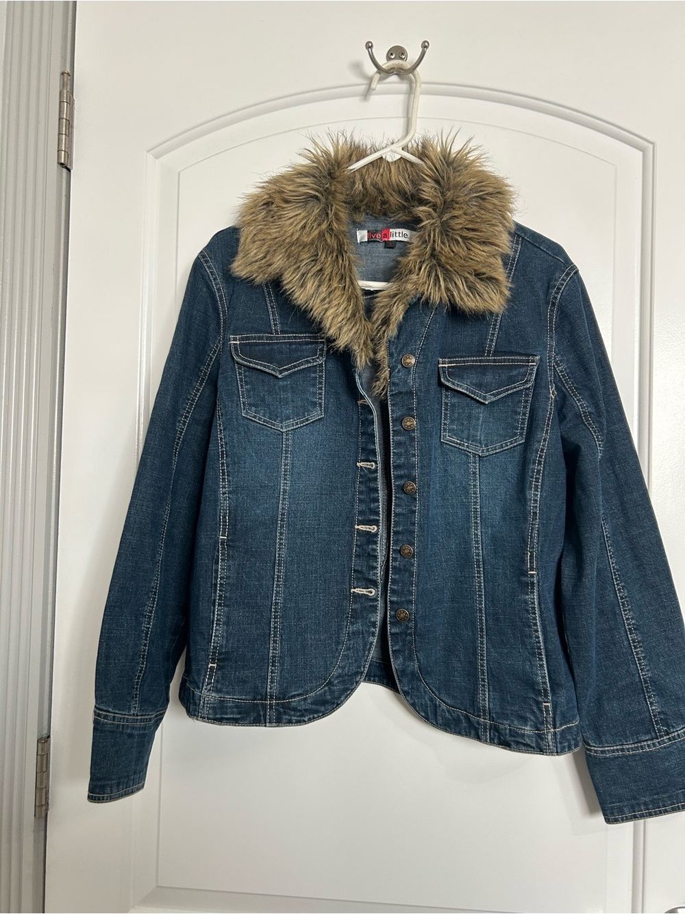 90’s Y2K Vintage Jean Jacket Faux Fur Collar Size L boho whimsi retro festival